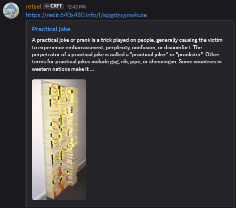 Discord preview showing the Wikipedia article for "Practical Joke"