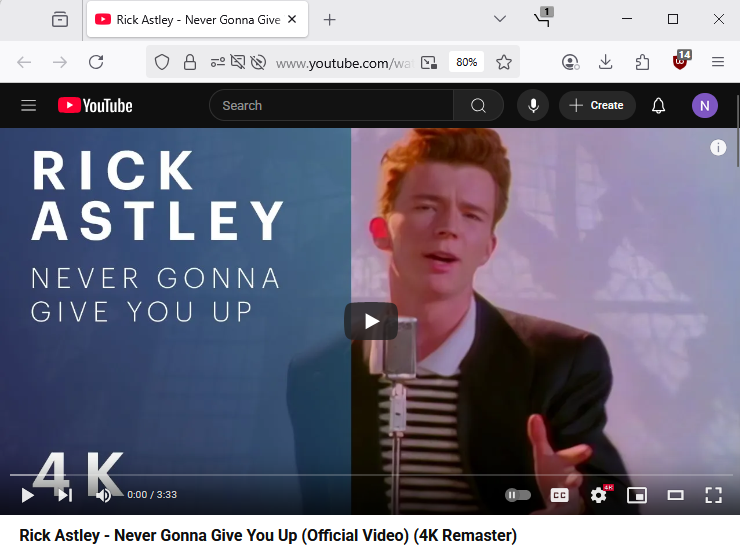 Browser showing the YouTube page for Rick Astley's "Never Gonna Give You Up"
